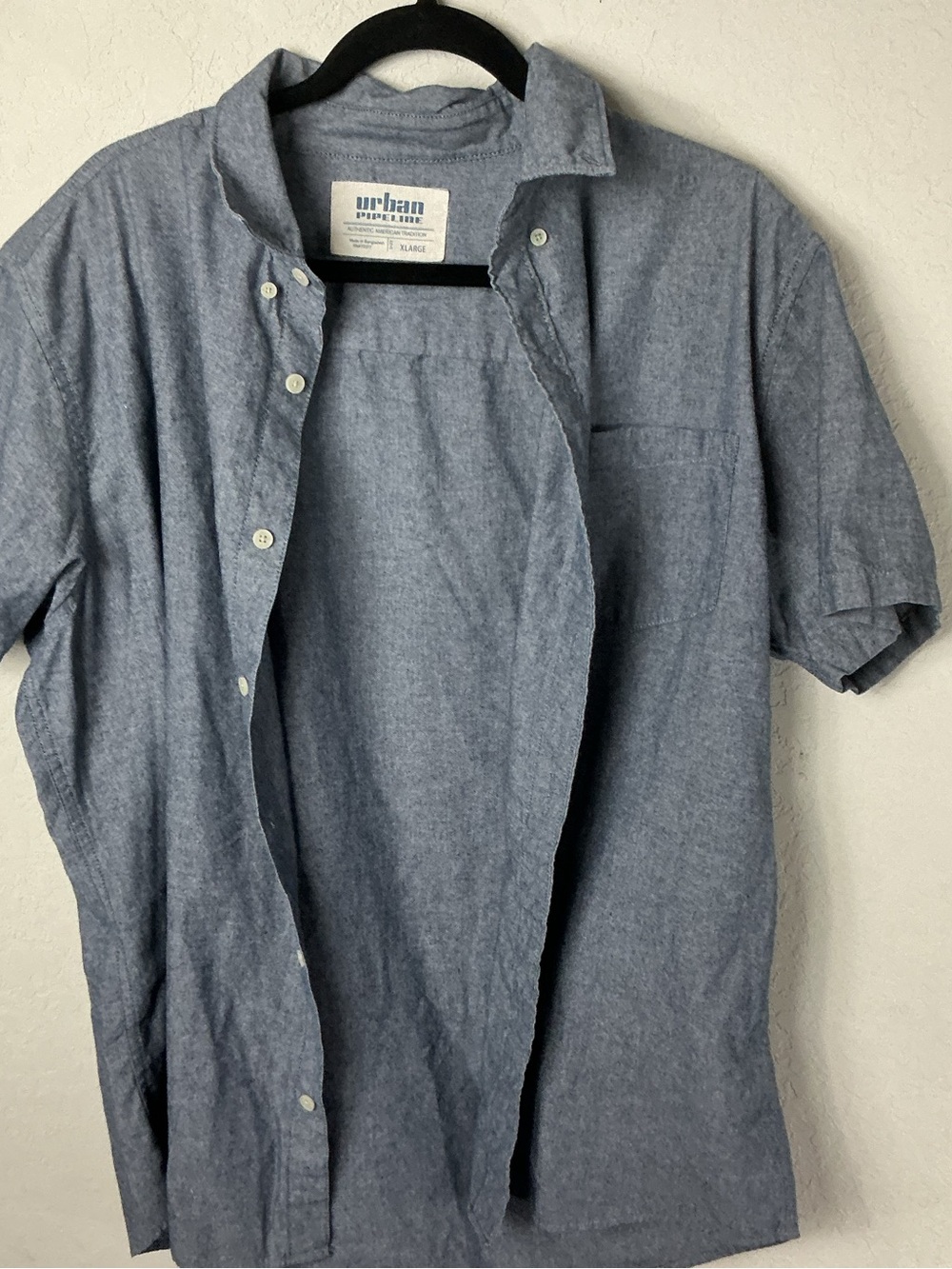 Urban Pipeline Mens Short Sleeve Button Down Shirt XL Heather Blue Chambray
